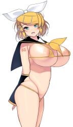 1girls areolae_slip arm_tattoo big_breasts bikini black_sleeves blonde_female blonde_hair blue_eyes breasts detached_sleeves eye_contact female female_focus female_only hair_bow hair_ribbon hairclip huge_breasts kagamine_rin looking_at_viewer masao micro_bikini open_mouth short_hair simple_background smile solo solo_female standing tattoo thick_thighs thong vocaloid white_background white_bow yellow_bikini