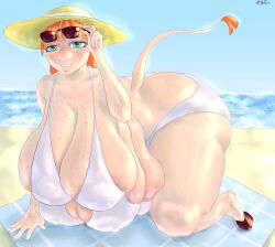 6_breasts adjusting_sunglasses anthro ass beach big_ass big_breasts bikini cow_ears cow_girl dafqwet eyewear_on_head female freckles freckles_on_breasts freckles_on_face freckles_on_shoulders furry ginger green_eyes hanging_breasts hooves horny huge_breasts mature_female multi_breast orange_hair pig solo sunglasses sunglasses_on_head tail tail_tuft thigh_freckles top_heavy_breasts white_bikini