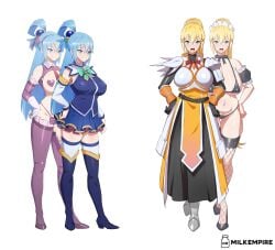 1futa 1girls alternate_costume aqua_(konosuba) areola_slip armor ass_visible_through_thighs bare_shoulders belt big_breasts big_penis bikini black_bikini black_bow black_footwear black_gloves black_thighhighs blonde_hair blue_eyes blue_footwear blue_gemstone blue_hair blue_skirt blush bow breastplate breasts censored closed_mouth clothed clothing collarbone covered_clitoris covered_nipples darkness_(konosuba) fake_wings female fishnet_thighhighs fishnets frilled_thighhighs frills fully_clothed futanari gem gloves greaves green_bow green_eyes grey_background hair_between_eyes hair_ornament head_wings heart heart_pasties high_heels highres human kono_subarashii_sekai_ni_shukufuku_wo! large_breasts light-skinned_female light-skinned_futanari light_skin long_hair maid_headdress mosaic_censoring mostly_nude multiple_girls necktie oerba_yun_fang open_mouth orb oreomanko pasties pauldrons purple_bow purple_footwear purple_thighhighs red_necktie see-through shoulder_armor simple_background single_pauldron skin_fang skirt smile standing sweat swimsuit teeth thighhighs upper_teeth white_gloves white_thighhighs wings x_hair_ornament