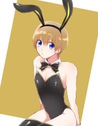 1boy aikawa_(pixiv) alternate_costume androgynous black_legwear blue_eyes bowtie brown_hair bunny_boy bunny_ears bunnysuit crossdressing detached_collar femboy gintama girly light_brown_hair looking_at_viewer male male_only male_playboy_bunny neck_ribbon okita_sougo short_hair skin_tight solo thighhighs twink