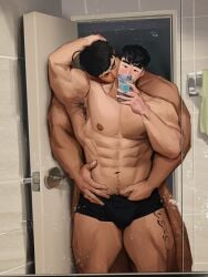 abs armpit_hair bara bathroom_selfie beefy daddy dark_hair gay hand_in_underwear hoonzino hugging_from_behind human hunk kissing_neck male_only manly mirror_selfie muscular_male pecs pubic_hair selfie solo_focus underwear yaoi