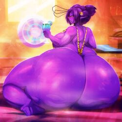 alien_girl anthro ass ass_bigger_than_body ass_bigger_than_head big_ass drink fat_ass gigantic_ass glasses huge_ass milf myrsi_(riendonut) pointy_ears purple_hair purple_skin riendonut sideboob sitting sling_bikini sweat wide_hips