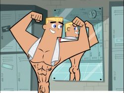 1boy balls danny_phantom dash_baxter edit edited erection flexing flexing_arms flexing_bicep genitals looking_at_mirror male male_only penis retracted_foreskin screencap screenshot screenshot_edit showing_off towel uncut unknown_artist