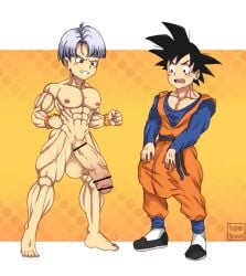 black_eyes black_hair blush dragon_ball hyper_penis male_only muscular najimi-sensei purple_hair son_goten trunks_briefs