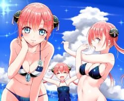 3girls aged_up alternate_costume beach bikini blue_eyes blush bun_cover cleavage clone double_bun female female_only gintama hair_ornament hairclip kagura_(gintama) kazuyon long_hair looking_at_viewer medium_breasts multiple_girls multiple_persona one-piece_swimsuit orange_hair outdoors outside pale_skin sideboob smile stretching swimsuit twintails wide_hips