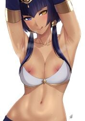 armpits arms_up belly_button blue_eyes blue_hair blush bra candace_(genshin_impact) dark-skinned_female dark_skin egyptian_clothes egyptian_headdress female female_only genshin_impact heterochromia hi_res licking_lips midriff navel nipple_slip nipples olive-skinned_female olive_skin sweat sweating sweaty twintails upper_body xtermination yellow_eyes