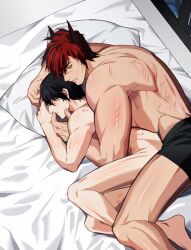 2boys after_sex animal_ears aphelios black_hair facial_scar gay hickey hickey_marks league_of_legends looking_at_another male male_only muscular muscular_male nude_male on_bed on_side pale-skinned_female red_hair ryub scratches sett size_difference smile spooning topless_male underwear yaoi