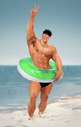 1boy abs asian bara beach beefy black_hair body_hair daddy ear_piercing earrings hoonzino human hunk lad male male_only manly necklace original_character panties pecs piercing sea seaside size_difference solo_focus tattoo