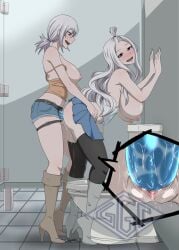 2girls ass bathroom_stall blue_eyes dildo doggy_style fairy_tail ggc incest large_breasts lisanna_strauss microskirt mirajane_strauss multiple_girls partially_clothed public public_sex siblings sisters skirt standing_doggy_style standing_sex strap-on strap-on_over_clothes toilet white_hair yuri