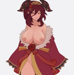 1girls brunhilda cygames dragalia_lost dragon dragon_girl dragon_horns exposed_breasts exposed_pussy horn kimono large_breasts long_hair monster_girl mym nil_(artist) nintendo no_panties orange_eyes red_hair smile