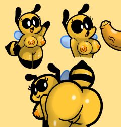 2022 anthro areola arthropod ass bee bee_babe_(violetghost) big_breasts big_butt black_areola black_stripes breasts digital_media_(artwork) duo female genitals hymenopteran insects male nipples open_mouth orange_nipples penis pussy simple_background solo_focus stripes thick_thighs violetghost white_eyes wings yellow_background yellow_body