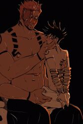 2boys abs animal_skull back black_hair black_nails bound bound_arms chest_tattoo dress facial_tattoo frown fushiguro_megumi gay green_eyes hand_on_another's_cheek jujutsu_kaisen large_pectorals looking_at_another male male/male male_focus male_only multi_arm multi_eye multi_limb multiple_boys muscular muscular_male nail_polish nipples own_hands_together pectorals pink_hair red_eyes ryoumen_sukuna_(jujutsu_kaisen) short_hair shoulder_tattoo sitting sitting_on_lap sitting_on_person size_difference spiked_hair sserupiko tattoo tongue tongue_out topless_male twink undressing_another white_dress yaoi