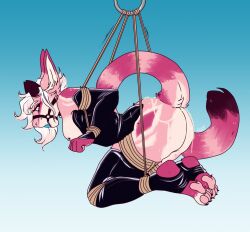 anthro ball_gag bodily_fluids bondage bound busybunny clothing cum dragon female gag genital_fluids paws rope rubber rubber_clothing rubber_suit solo suspension