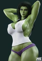 1girls 3d alternate_version_available armpits arms_behind_head artist_logo artist_name big_breasts black_background black_hair blender clothed female female_only green-skinned_female green_eyes green_hair green_skin hagiwara_studio huge_breasts hulk_(series) large_breasts marvel marvel_comics mesh_top no_bra panties revealing_clothes sexy_armpits she-hulk solo thick_thighs toned toned_female topwear