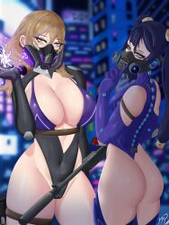 2girls alternate_version_available armwear ass back back_view background big_ass big_breasts blue_eyes breasts brown_hair cleavage cyberpunk dark_blue_hair face_mask female female_only gas_mask genshin_impact gloves green_eyes hair holding_weapon huge_ass huge_breasts katopan legwear lisa_(genshin_impact) looking_back mature mature_female mature_woman mona_(genshin_impact) multiple_girls skimpy skimpy_clothes sniper thick_thighs thighs twintails vision_(genshin_impact) weapon