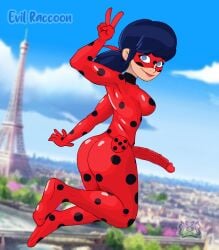 blue_eyes blue_hair bodysuit bubble_ass bubble_butt evil_raccoon futa_only futanari ladybug ladybug_(character) marinette_cheng marinette_dupain-cheng miraculous_ladybug paris peace_sign solo superheroine thick_ass thick_thighs tight_clothing twintails white_skin whore