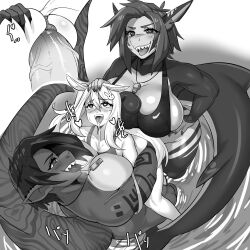 ahe_gao anal animal_humanoid anthro avi_(avibigshark) big_breasts big_penis breasts cleavage clothed clothing collarbone equid equid_humanoid equine equine_humanoid fish gaikiken genitals greyscale group gynomorph hi_res horse_humanoid huge_breasts humanoid intersex intersex/male looking_at_viewer looking_pleasured male mammal mammal_humanoid marine monochrome muscular muscular_anthro muscular_intersex one-piece_swimsuit open_mouth penis roz-kun ryven_(character) shark sharp_teeth size_difference smile swimwear teeth textless tongue tongue_out trio_focus