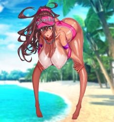 absurdres ass beach black_hair breasts brown_eyes brown_hair feet female highres honjou_raita kuramoto_erika large_breasts nipples non-web_source sand sky surprised thick_thighs thighs traced tree