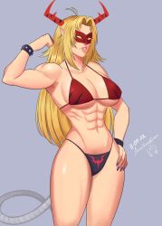 2022 abs anniehoneysenpai bikini blonde_hair digimon genderswap_(mtf) grey_background humanized muscles muscular muscular_female rule63 rule_63 solo solo_female vamdemon venomvamdemon