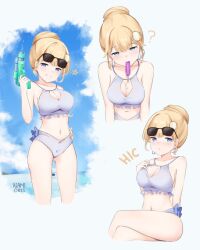 artist_signature beach blonde_female blonde_hair hololive hololive_english hololive_myth mirror_in_hair namiorii sunglasses_on_head swimsuit virtual_youtuber water_gun watson_amelia