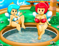 2girls barefoot big_breasts big_thighs bikini bra breasts brooch chaosknight_1 cleavage crown curvy_figure duo fairy female female_only light-skinned_female light_blue_hair light_skin looking_at_viewer mario_(series) nintendo open_mouth panties png red_hair seductive seductive_smile shortstack sprixie_princess strapless_bikini super_mario_3d_world thick thick_hips thick_thighs water wide_hips wings