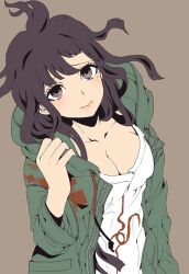 1girls breasts cleavage cute danganronpa danganronpa_2:_goodbye_despair dark_purple_hair dosugon female female_only fringe hime_cut innocent large_breasts long_hair nagito_komaeda no_bra pale-skinned_female petite purple_eyes purple_hair shy smooth_skin straight_hair super_danganronpa_2 teenager tsumiki_mikan wearing_others_clothes wearing_partner's_clothes