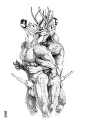 absurd_res animal_genitalia animal_penis anthro antlers back_to_back balls cervid duo erection genitals hi_res horn looking_back male male/male mammal momamo muscular muscular_anthro muscular_male nude pecs penis sheath