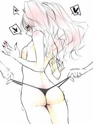 ass behind_view blush danganronpa danganronpa:_trigger_happy_havoc danganronpa_1 junko_enoshima panties panties_pull smooth_skin takamiya_ren thong topless topless_female