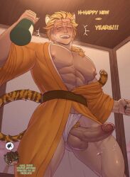 1boy abs balls beer big_penis catboy drunk erect_nipples erection fundoshi fundoshi_aside gay khanosera long_hair male_only moobs muscles muscular orange_hair precum pubic_hair robe text thick_penis tiger_tail veiny_penis yaoi yellow_hair