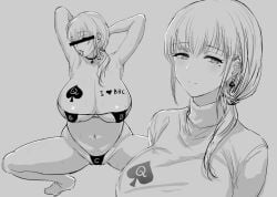 1girls anju_(anjuionushi) bikini body_writing choker earrings eyepatch_bikini identity_censor large_breasts monochrome original original_character qos_clothing queen_of_spades solo spade_choker spade_earrings spade_tattoo squatting tattoo white_background