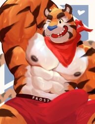 2022 abs anthro barazoku big_bulge big_muscles bodily_fluids border bulge clothed clothing deedea english_text erection erection_under_clothing eyebrows felid frosted_flakes fur grey_background hands_behind_head heart hi_res huge_muscles kellogg's male male_only mammal mascot muscular muscular_anthro muscular_male navel neckerchief nipples obliques one_eye_closed open_mouth open_smile pantherine pecs simple_background smile solo sweat teeth tenting text text_on_clothing text_on_underwear tiger tongue tony_the_tiger topless topless_anthro topless_male tuft underwear white_border wink