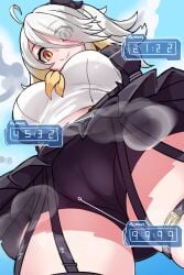 1girls ascot belly black_legwear cameltoe eyebrows_visible_through_hair female from_above garter_straps hair_between_eyes hair_over_one_eye ihcaris large_breasts looking_at_viewer orange_eyes pleated_skirt skirt sky steam tower_of_fantasy tsubasa_(tower_of_fantasy) white_hair white_shirt