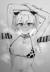 :q absurdres animal_ears animal_print armpit_sex arms_up bangs bar_censor bell blush breasts censored collar cow_ears cow_horns cow_print cum cum_on_armpit cum_on_upper_body erection female greyscale heart heart-shaped_pupils highres horns monochrome navel neck_bell nipple_slip nipples original penis smile solo straight stray_pubic_hair sweat symbol-shaped_pupils tantanmen72 tongue tongue_out twintails