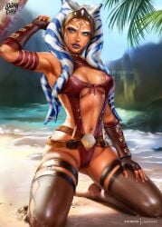 1girls ahsoka_tano alien alien_girl alternate_breast_size arm_up armlet armpits armwear athletic_female background beach belt blue_eyes breasts cleavage cleavage_cutout clone_wars clothed clothed_female clothing deviantart female female_only fingerless_gloves front_view fully_clothed gloves hand_on_leg headband headgear horn humanoid kneeling latex lips logan_cure looking_at_viewer markings medium_breasts on_ground orange_body orange_skin outside patreon realistic red_clothing sand shiny_skin signature single_female socks solo star_wars stockings studded sweaty_body swimsuit tentacle tentacle_hair the_mandalorian thighhighs togruta tropical underboob url wet