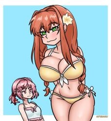 2girls :| afimaki big_breasts bikini breasts cleavage doki_doki_literature_club female female_only flower_in_hair green_eyes long_hair looking_at_viewer monika_(doki_doki_literature_club) multiple_girls natsuki_(doki_doki_literature_club) navel pink_eyes pink_hair twintails