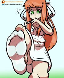 1girls 2d 2d_(artwork) doki_doki_literature_club feet feet_up female foot_fetish foot_focus hand_on_mouth looking_down monika_(doki_doki_literature_club) reathroch socks thighs toes upskirt