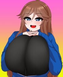 blue_eyes brown_hair huge_breasts original_character solo solo_female the_only_shoe