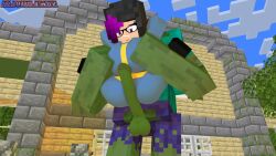 1girls 3d 3d_(artwork) balls bodysuit crossover fallout glasses green_skin huge_cock imminent_sex legs_held_open long_penis minecraft olivia_(olivialewdz) olivialewdz outside reverse_stand_and_carry_position reverse_suspended_congress spread_legs tagme vault_suit