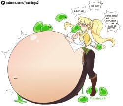 1girls belly_bigger_than_body belly_focus belly_inflation big_belly blonde_hair body_invasion darkness_(konosuba) feastings2_(artist) feeding full_body huge_belly hyper hyper_belly imminent_death inflation kono_subarashii_sekai_ni_shukufuku_wo! ready_to_pop restrained slime slime_in_mouth slime_inflation text text_bubble vore willing_prey