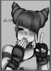 1girls artist_name bangs bangs_over_eyes black_hair capcom cum cum_in_mouth female female_only hair_over_one_eye human jsq012 juri_han long_hair monochrome mouthful pose posing solo street_fighter street_fighter_6 tied_hair v_sign watermark