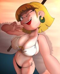 1girls 2022 bikini black_eyes blonde_hair breasts cleavage earrings female female_only hey_arnold! huge_breasts nickelodeon olga_pataki one_eye_closed open_mouth swimsuit tobitobi90 tongue wink