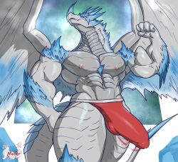 abs anthro artist_logo artist_name bicep_curl biceps big_muscles big_penis bulge capcom claws clothing dragon elder_dragon erection flexing flexing_bicep fur genitals hi_res horn logo looking_at_viewer male male_only masterelrest membrane_(anatomy) membranous_wings monster_hunter mostly_nude muscular muscular_anthro muscular_male muscular_thighs nipples pecs penis pose presenting scales scalie serratus signature solo thong triceps underwear velkhana video_games western_dragon wings yellow_eyes