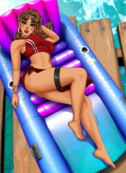 background boardwalk boardwalk_ruby_(fortnite) brown_eyes brown_hair earrings epic_games eyelashes fortnite fortnite:_battle_royale laying long_hair looking_at_viewer nipple_bulge red_lipstick red_nails ruby_(fortnite) sarong sunglasses sunglasses_on_head swimsuit tyrana