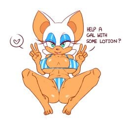 anthro bikini english_text erect_nipples erect_nipples_under_clothes female female_focus female_only huge_breasts looking_at_viewer nipple_bulge on_back presenting rouge_the_bat sonic_(series) sonic_the_hedgehog_(series) squidapple swimsuit_aside thong thong_bikini