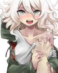 blush breast_grab breasts clothing collarbone danganronpa danganronpa_2:_goodbye_despair drooling female genderswap_(mtf) groping groping_breasts guided_breast_grab hoodie jacket large_breasts looking_at_viewer nagito_komaeda no_bra open_mouth open_smile pov rule_63 straight_hair super_danganronpa_2 sweat takamiya_ren wavy_hair white_shirt