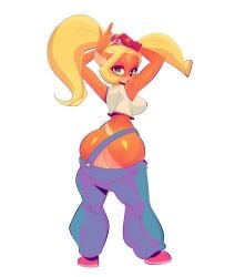 activision alpha_channel anthro ass bandicoot blonde_hair breasts bubble_butt clothed clothing coco_bandicoot crash_(series) female genitals green_eyes hair hi_res ineffective_clothing jdwalkrat mammal marsupial no_underwear overalls overalls_down pants_down ponytail pussy rear_view video_games wardrobe_malfunction