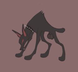 2022 animal_genitalia balls black_collar black_nose brown_background canid canine canis collar dark_body dark_fur domestic_dog fangs feral fully_sheathed fur genitals hi_res labbit1337 male mammal monotone_body monotone_fur pet_simulator_x quadruped red_eyes roblox roblox_game sheath simple_background small_sheath solo standing