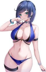 big_breasts blue_hair blush bracelet breasts earrings female female_only genshin_impact green_eyes harimoji hi_res looking_at_viewer midriff simple_background solo tagme thick_thighs white_background yelan_(genshin_impact)