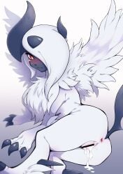 2021 absol after_sex animal_focus anus ass asymmetrical_bangs bangs bar_censor blush body_fur bright_pupils censored claws closed_mouth commentary cum cum_in_pussy cumdrip feathered_wings female from_behind fur_collar furry furry_female hair_over_one_eye highres horns legs long_hair looking_at_viewer looking_back lying maki_(letusgomaki) mega_absol mega_pokemon nintendo no_humans nose_blush on_side one_eye_covered partially_visible_vulva pokemon pokemon_(species) red_eyes simple_background solo sweat tail tears thighs wavy_mouth white_background white_fur white_hair white_pupils white_wings wings