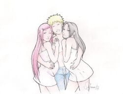 1boy 2girls black_hair blonde_hair female friends hugging human husband_and_wife long_hair looking_at_viewer male multiple_females multiple_girls multiple_pregnancies namikaze_minato naruto naruto_(series) naruto_shippuden night_dress pajamas pregnant pregnant_female red_hair sharing shirtless shirtless_(male) smile swingers uchiha_mikoto uzumaki_kushina xoshikaizluvox